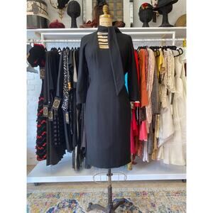 Vintage 1950s black wool Eisenberg wiggle dress cage neckline tie neck 50s mcm s